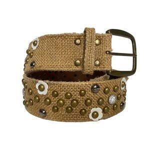 Vintage Y2K Boho Woven Straw Brlt Studded Rhinestone Daisies Tan Brass Buckle L